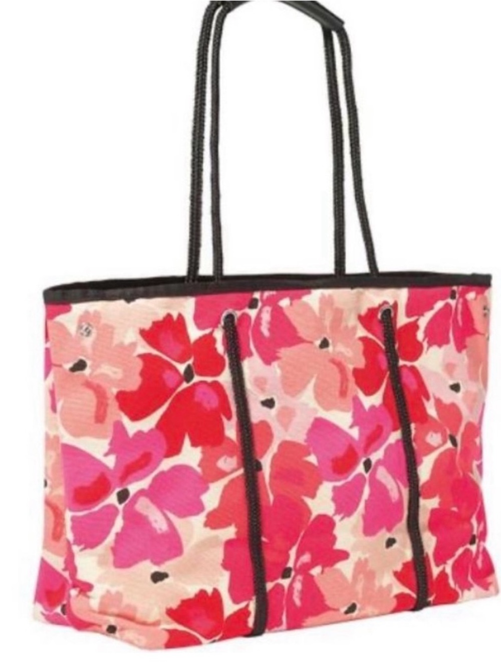 Pink Floral Canvas Tote with Black Rope Handles